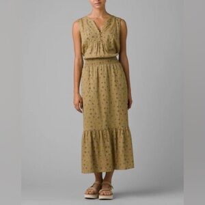 PrAna Sage Green Floral Smocked Waist Midi Dress XL Cottagecore